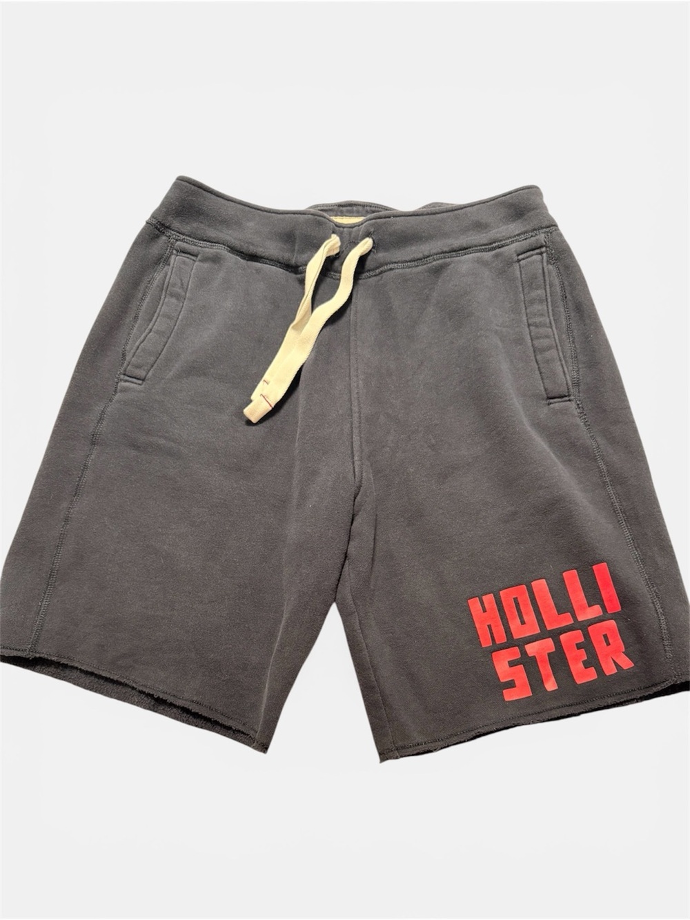 Hollister Charcoal Athletic Shorts with Red Logo and Cream Drawstring